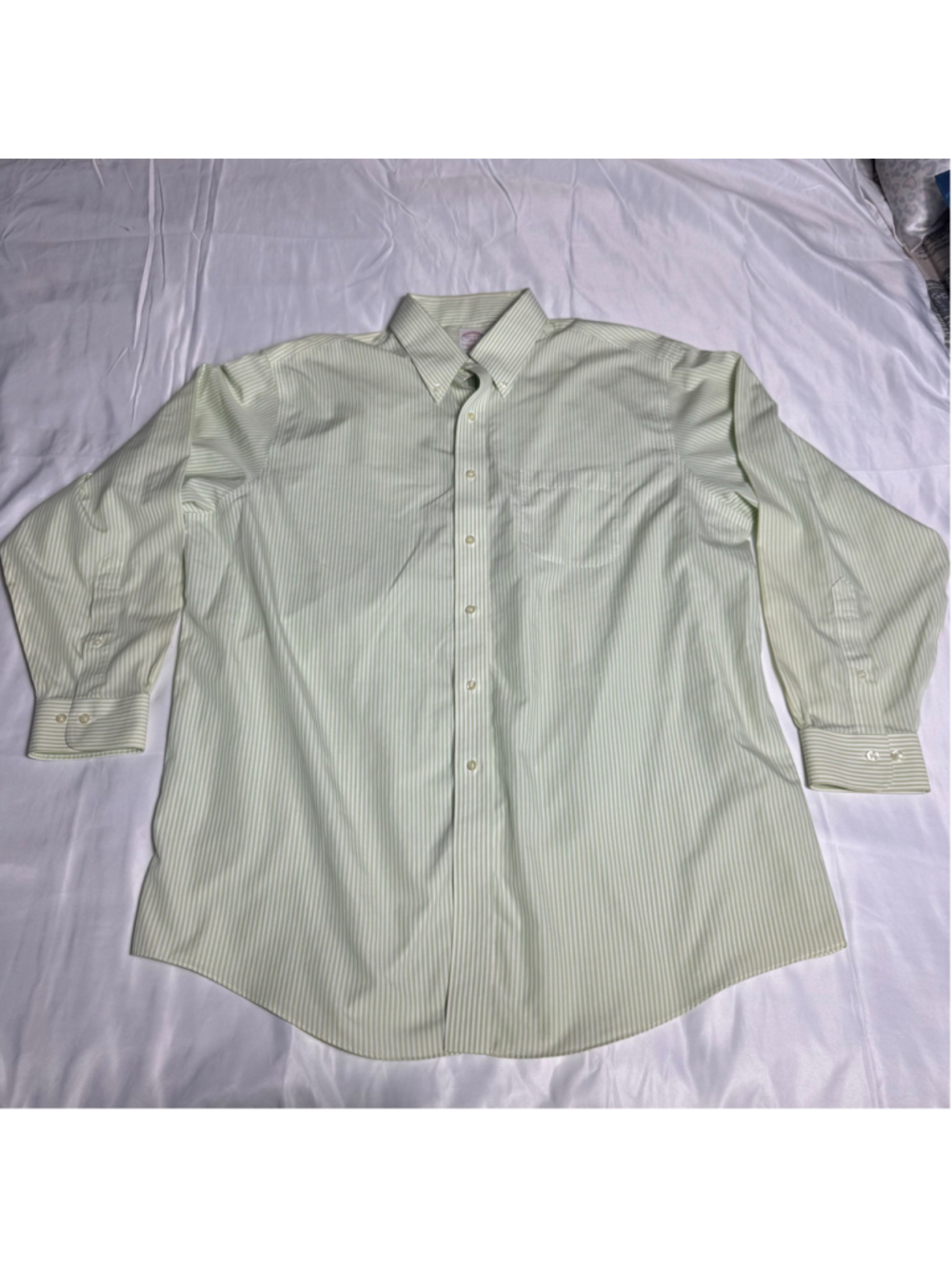 Men's Brooks Brothers Button Down Shirt Neck 17.5 White Green Striped